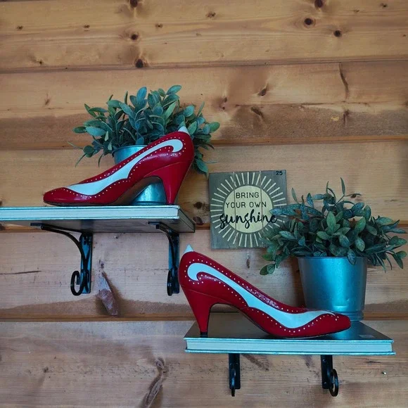 Evan Picone Vintage Leather Scalloped Spectator Pumps Red White Heels Chic Sz 5M - Picture 5 of 10